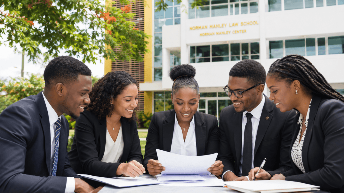 Caribbean law students in professional attire reviewing application materials together on the campus of the Norman Manley Law School