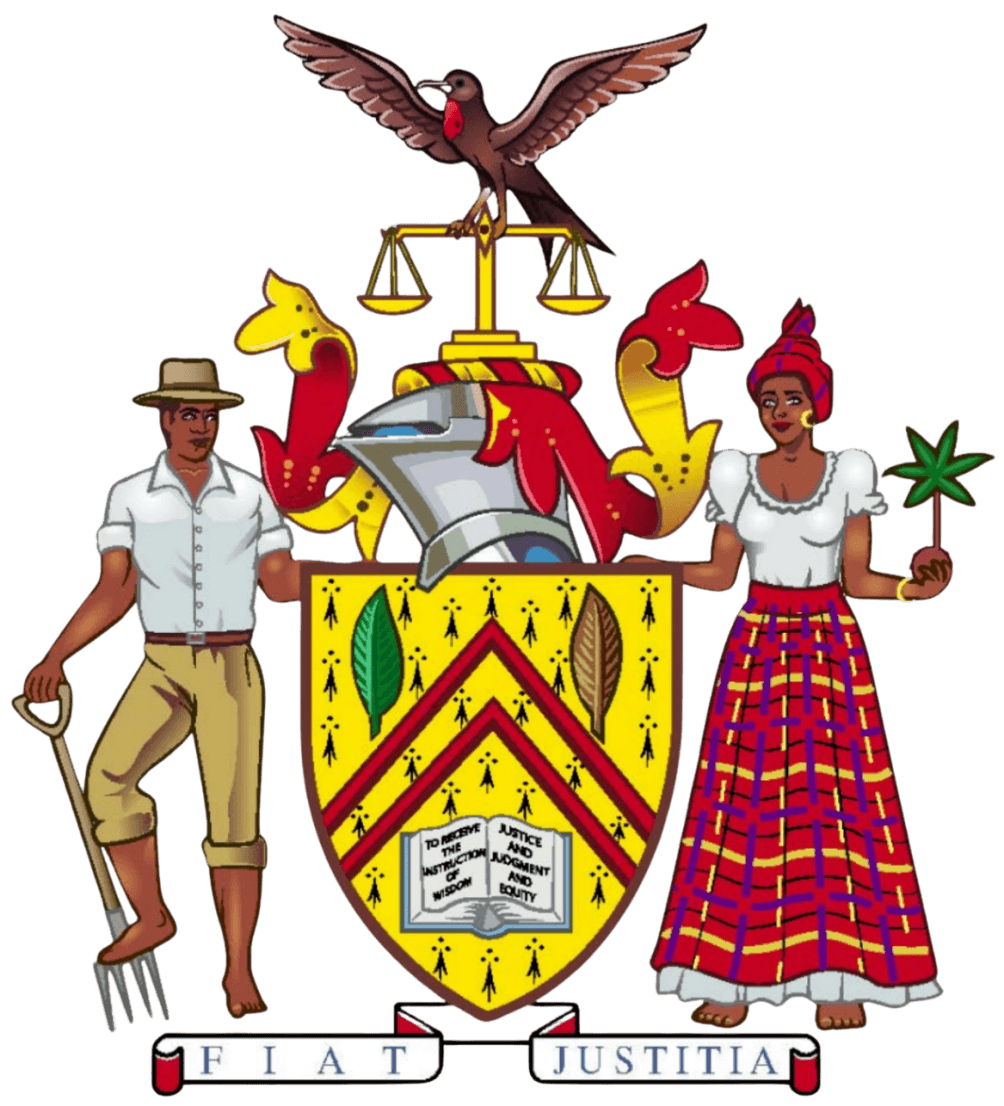 The official Coat of Arms of the Norman Manley Law School, with crest, supporters, shield and motto ribbon