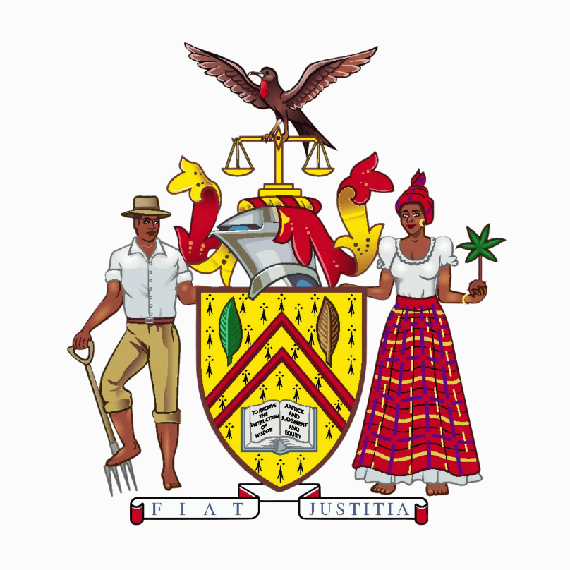 The official Coat of Arms of the Norman Manley Law School, with crest, supporters, shield and motto ribbon